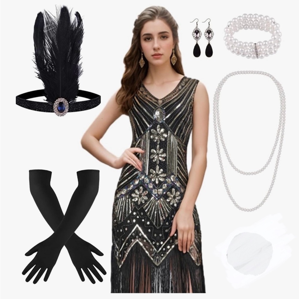 Elegant Black and Gold Flapper Dress with Accessories